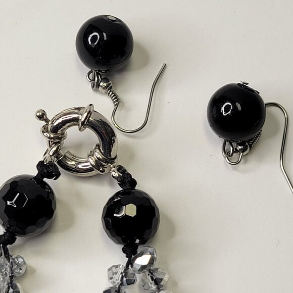 Clear Glass Crystal and Black Bead Necklace Set with Earrings - Picture 3 of 9